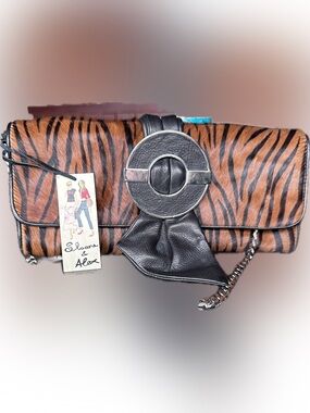 Colorful Tiger Striped Crossbody Purse with Black Leather Trim